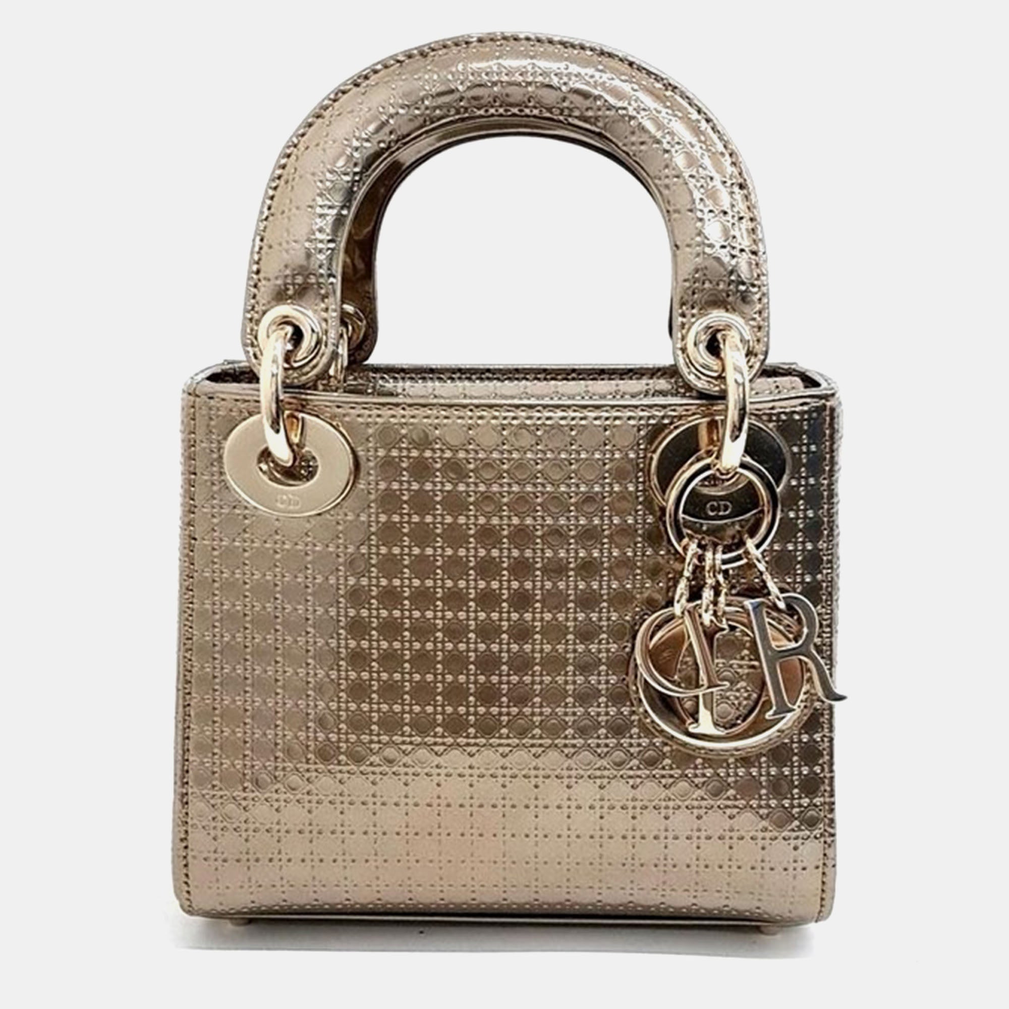 Christian Gold  Cannage Leather Lady dior Mini Top Handle Bag