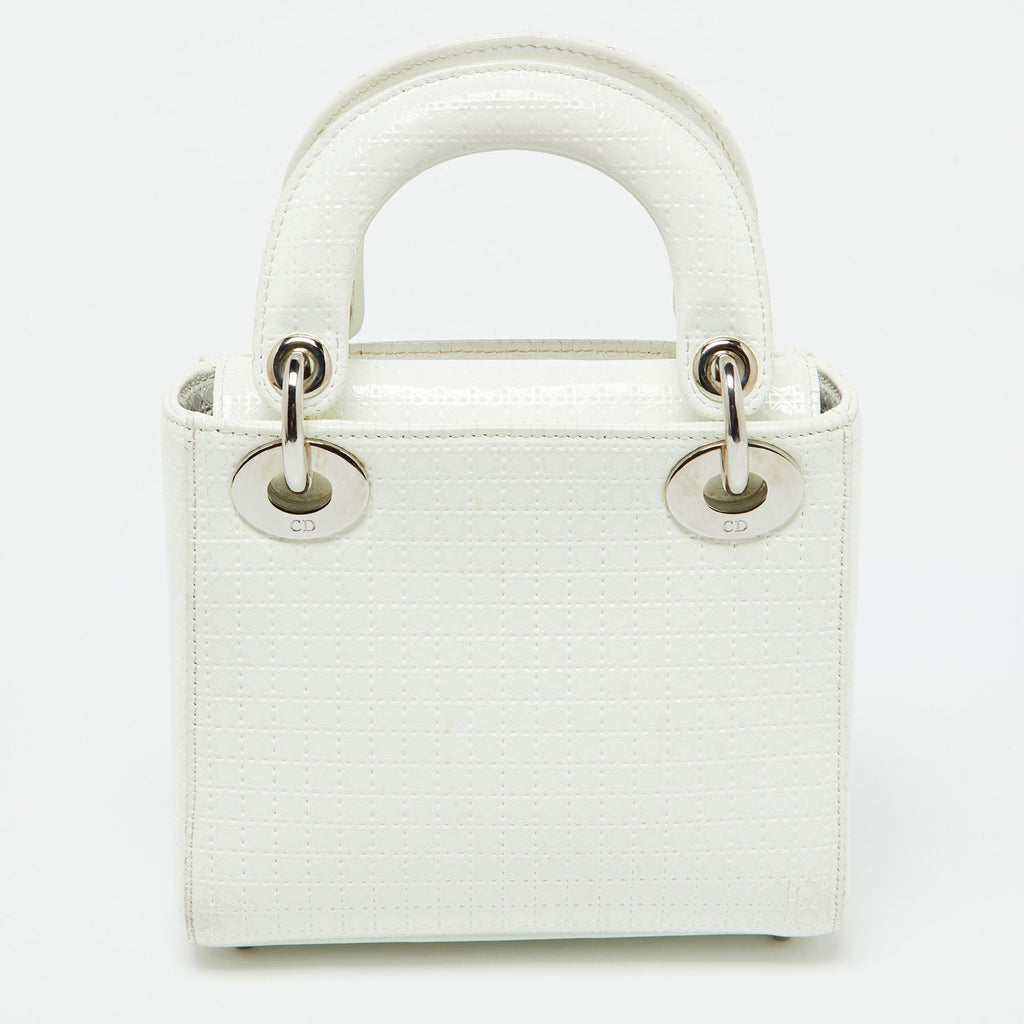 Dior White Microcannage  Leather Mini Lady Dior Tote