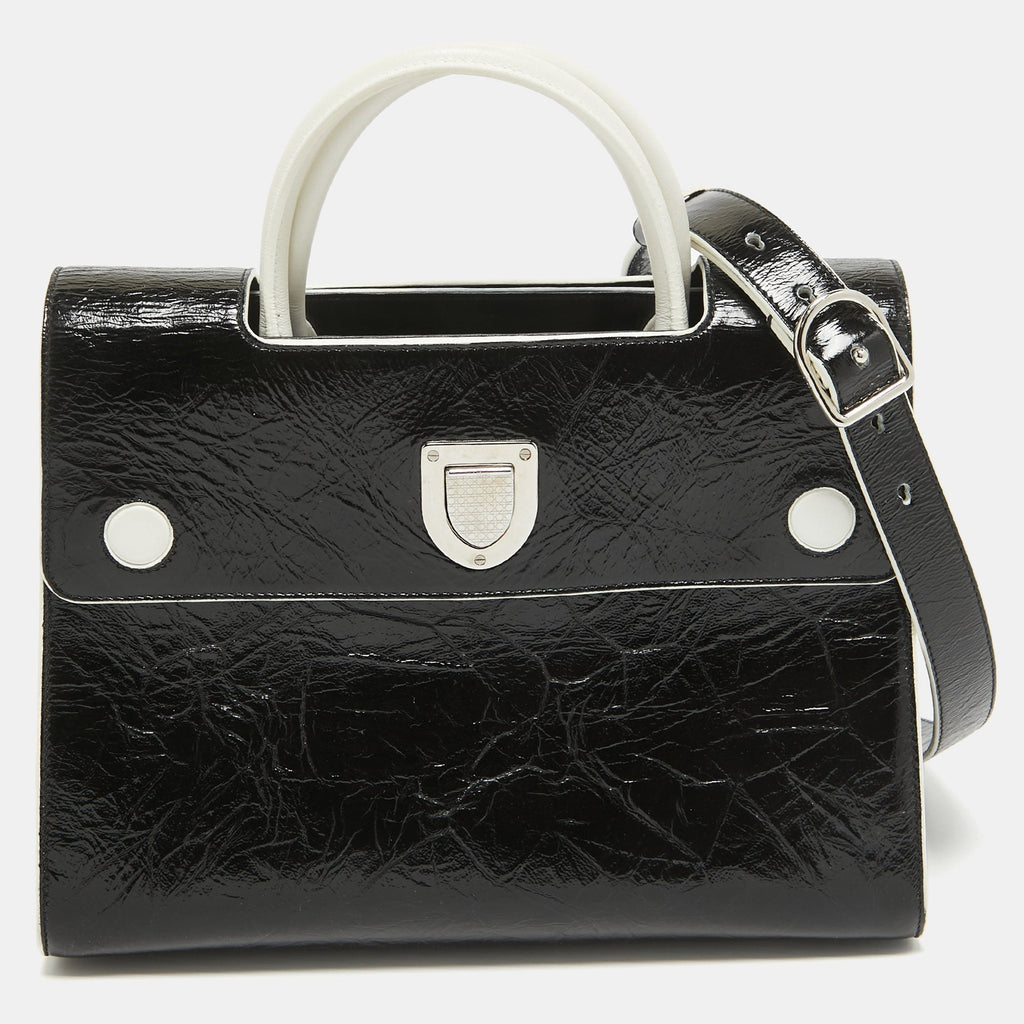 Dior Black/white Crinkled  Leather Medium Diorever Top Handle Bag