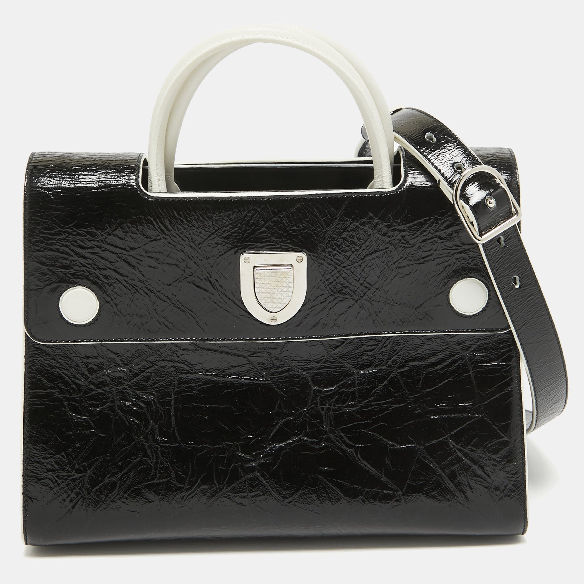 Dior Black/white Crinkled  Leather Medium Diorever Top Handle Bag