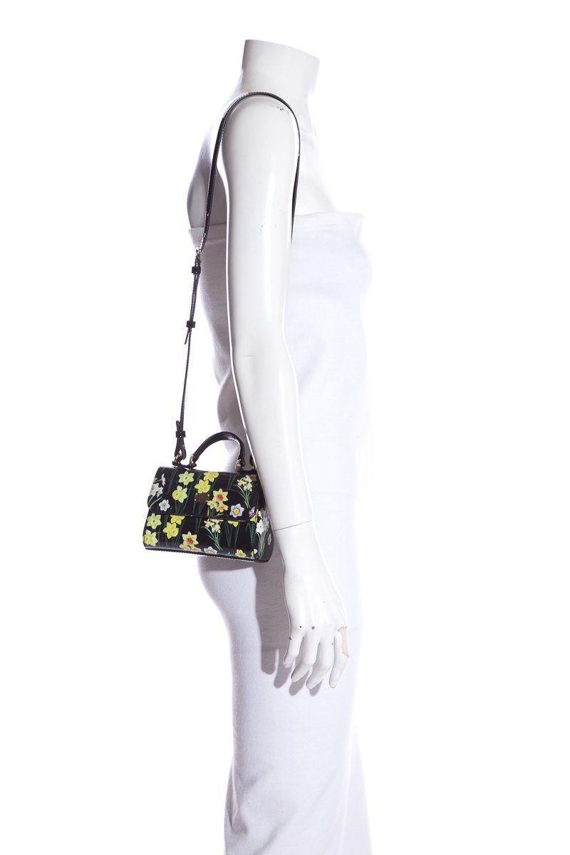 Dolce & Gabbana Black & Yellow Patent Leather Floral Motif Crossbody Bag