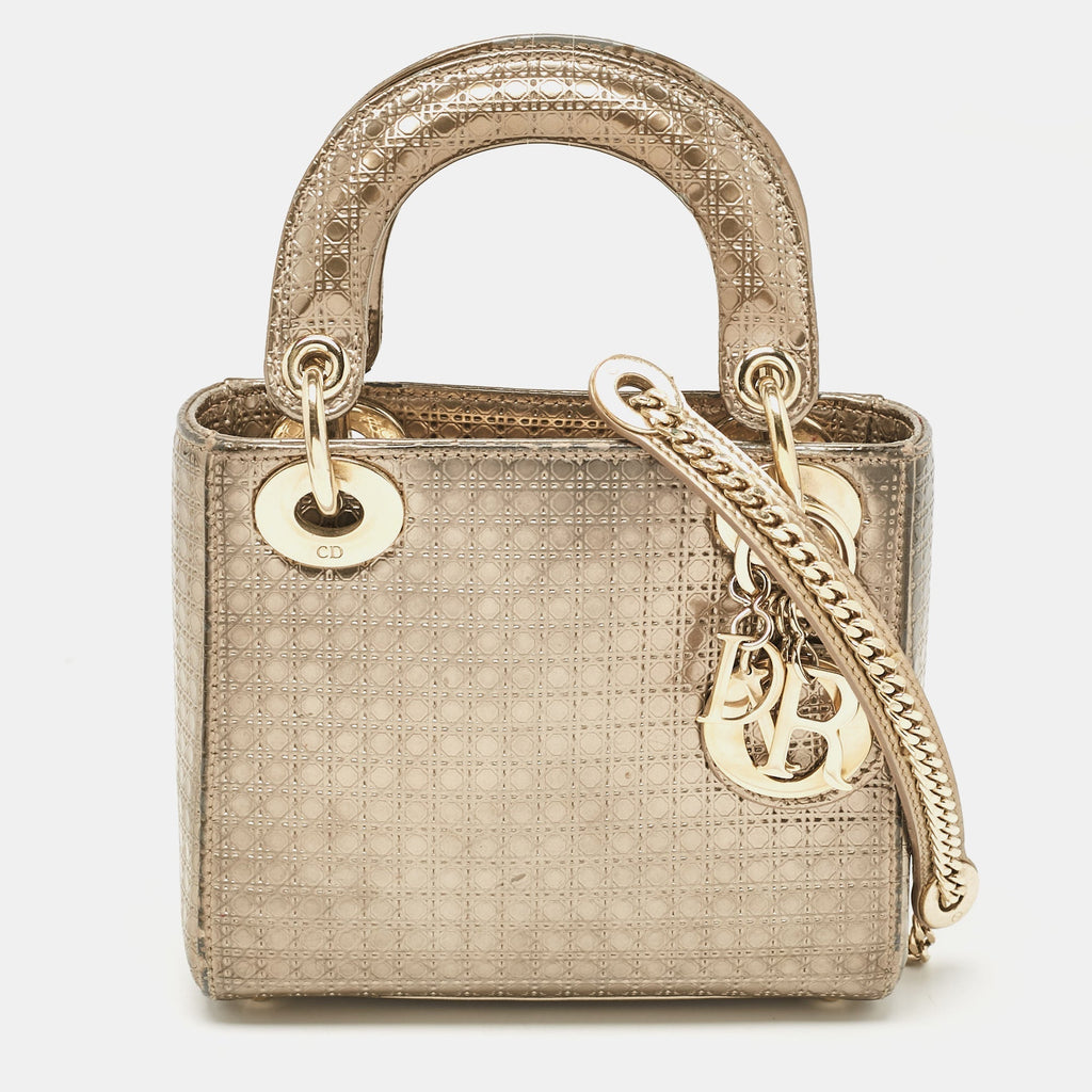 Dior Gold Microcannage  Leather Mini Lady Dior Tote