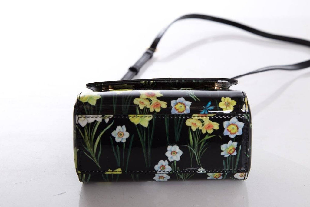 Dolce & Gabbana Black & Yellow Patent Leather Floral Motif Crossbody Bag