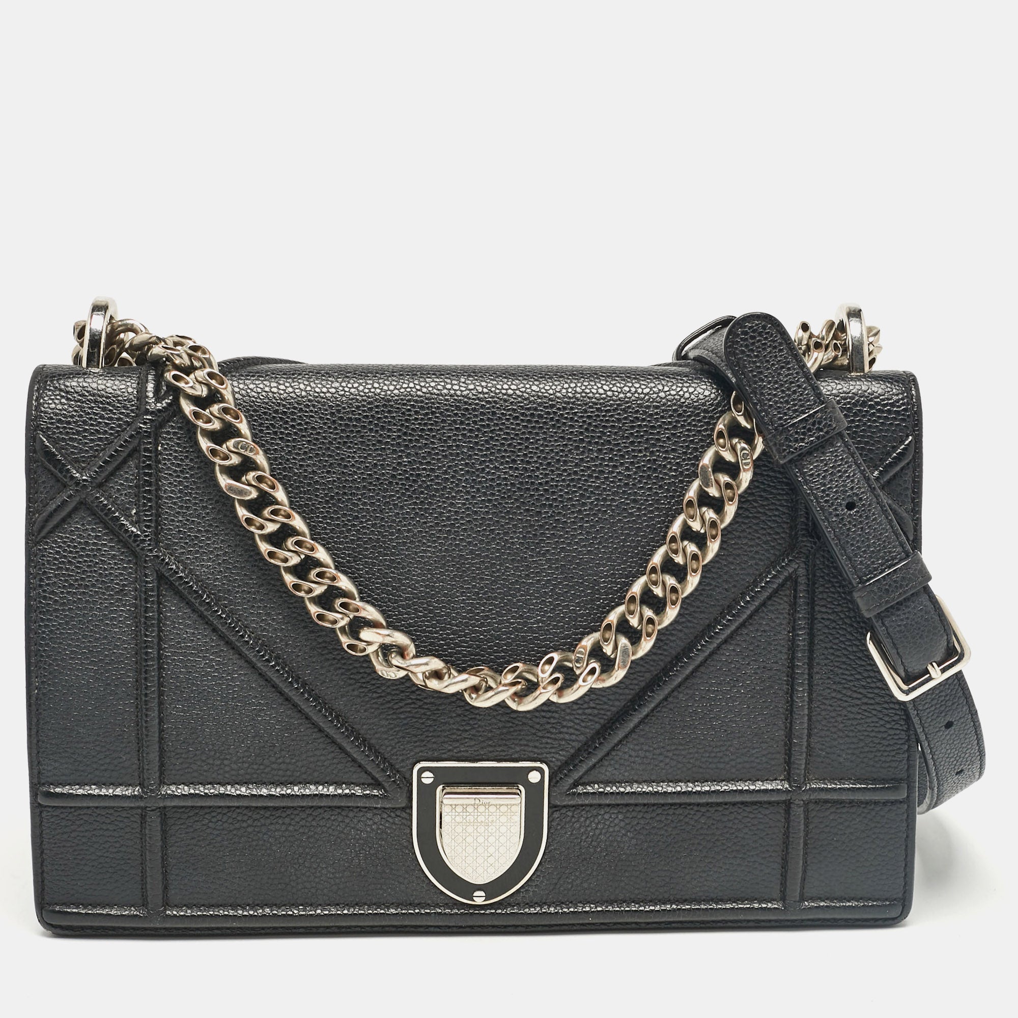 Black Leather Medium Diorama Flap Shoulder Bag
