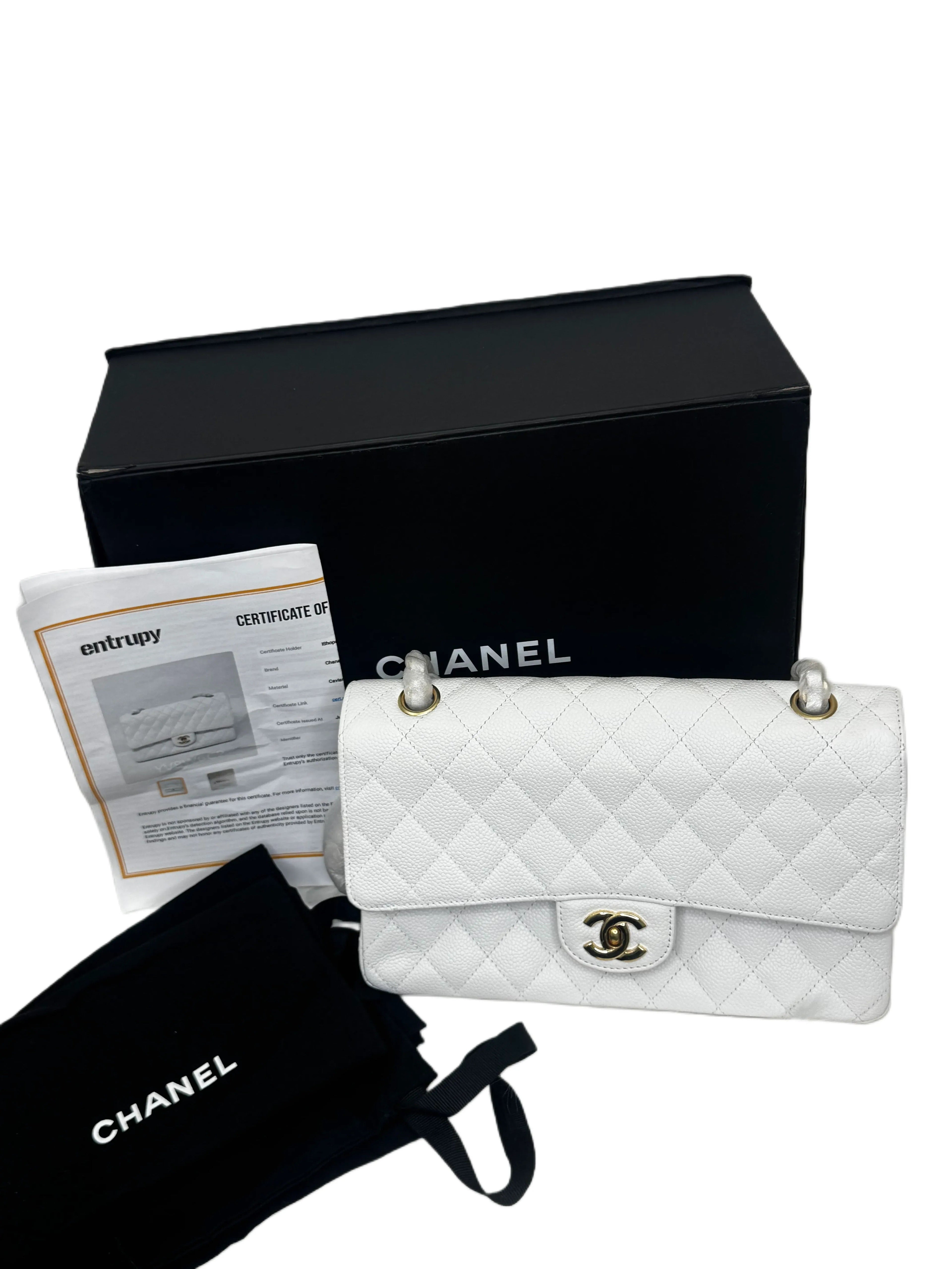 Chanel Classic Double Flap Bag White Caviar With Gold-toned Hardware B20-01