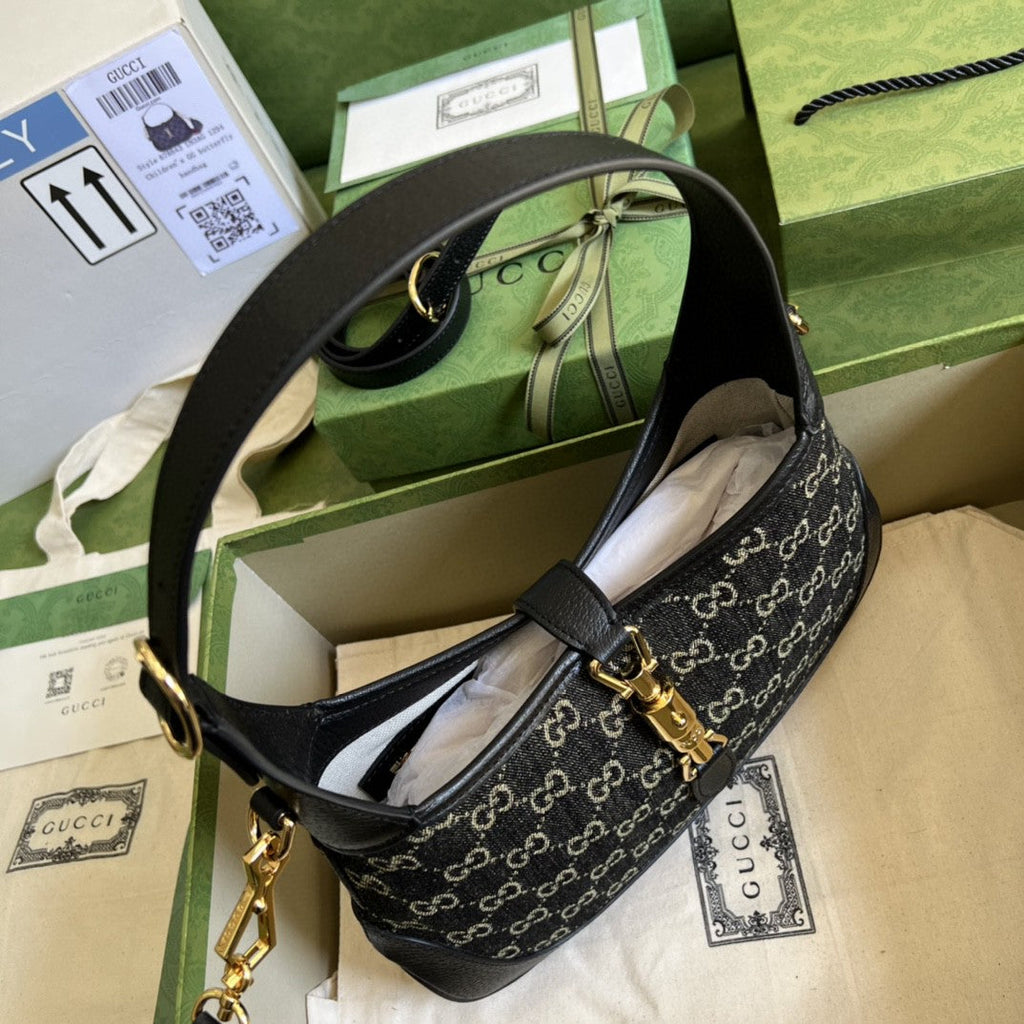 Gucci Jackie 1961 Small Shoulder Bag Black And Ivory Gucci Denim Jacquard For Women 11in/28cm 678843 UN3AG 1294
