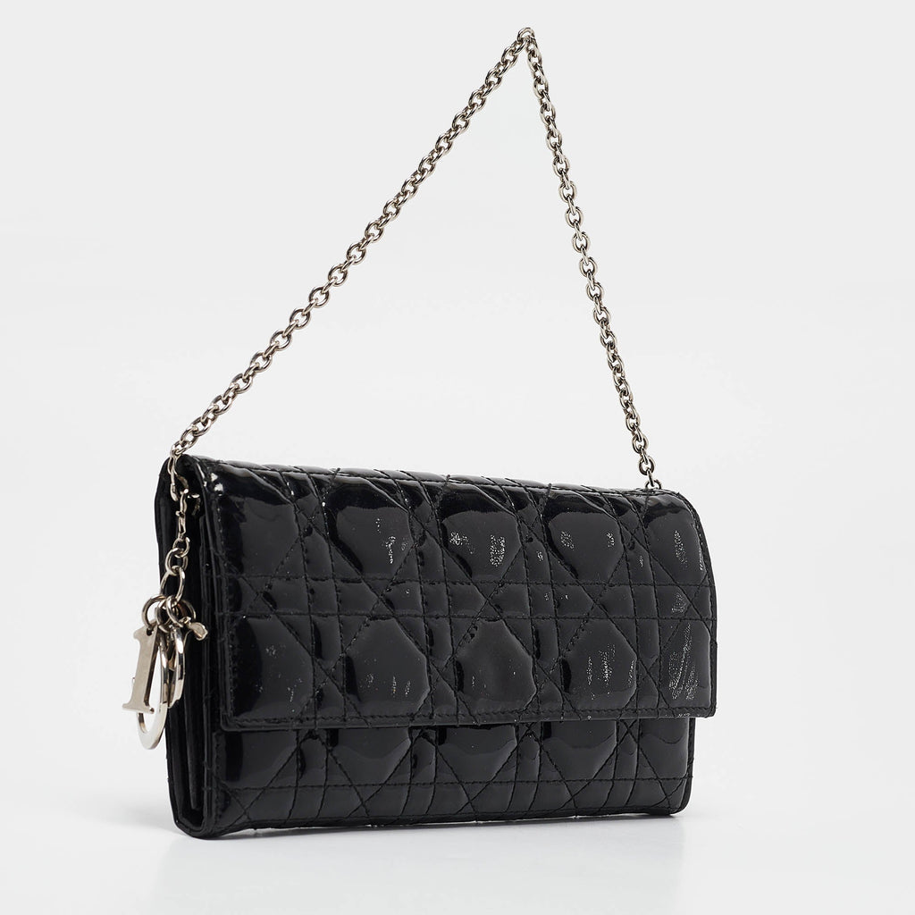 Dior Black Cannage  Leather Lady Dior Wallet On Chain