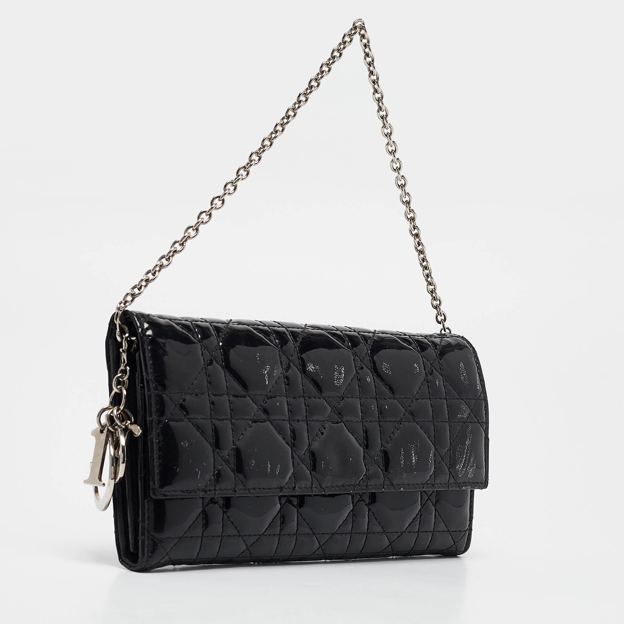 Dior Black Cannage  Leather Lady Dior Wallet On Chain