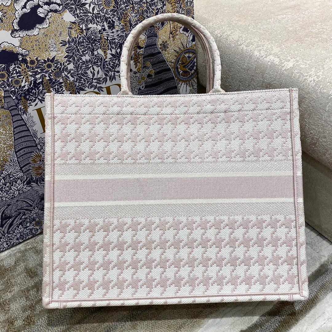 Large Book Tote Pale Pink Houndstooth Embroidery, Pink, For Women Women Handbags, Shoulder Bags, 42cm CD