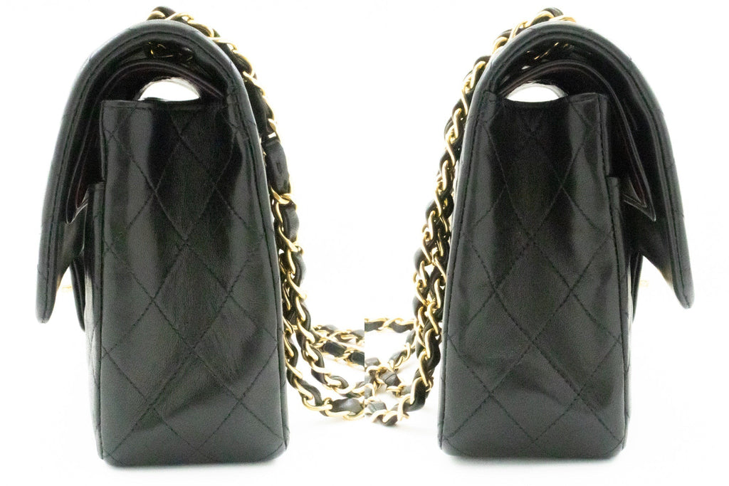 CHANEL Classic Double Flap 10" Chain Shoulder Bag Black Lambskin k49
