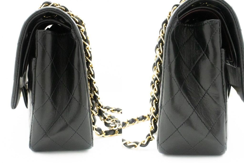 CHANEL Classic Double Flap 10" Chain Shoulder Bag Black Lambskin k39