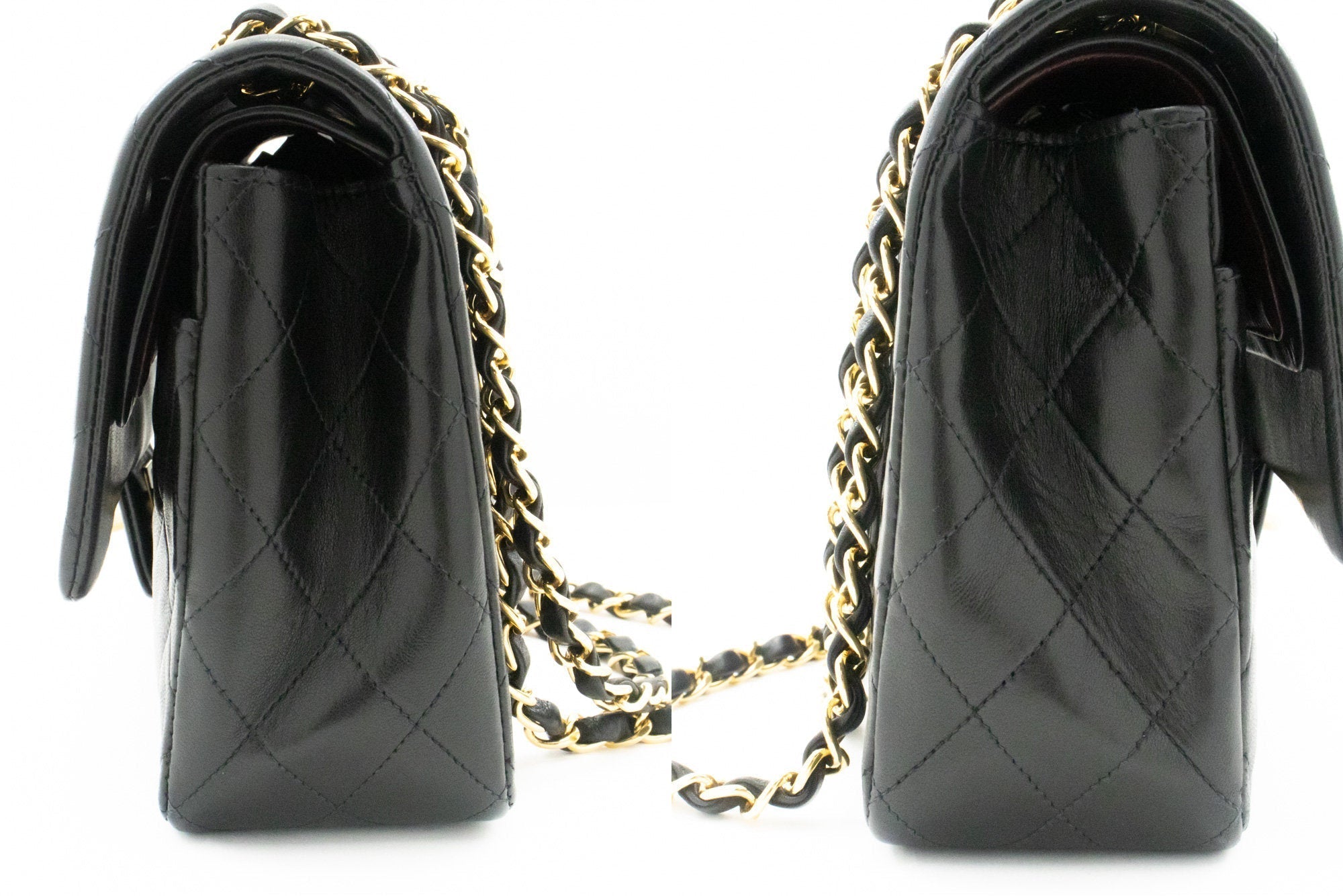 CHANEL Classic Double Flap 10" Chain Shoulder Bag Black Lambskin k39