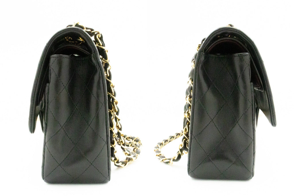 CHANEL Classic Double Flap 10" Chain Shoulder Bag Black Lambskin k74