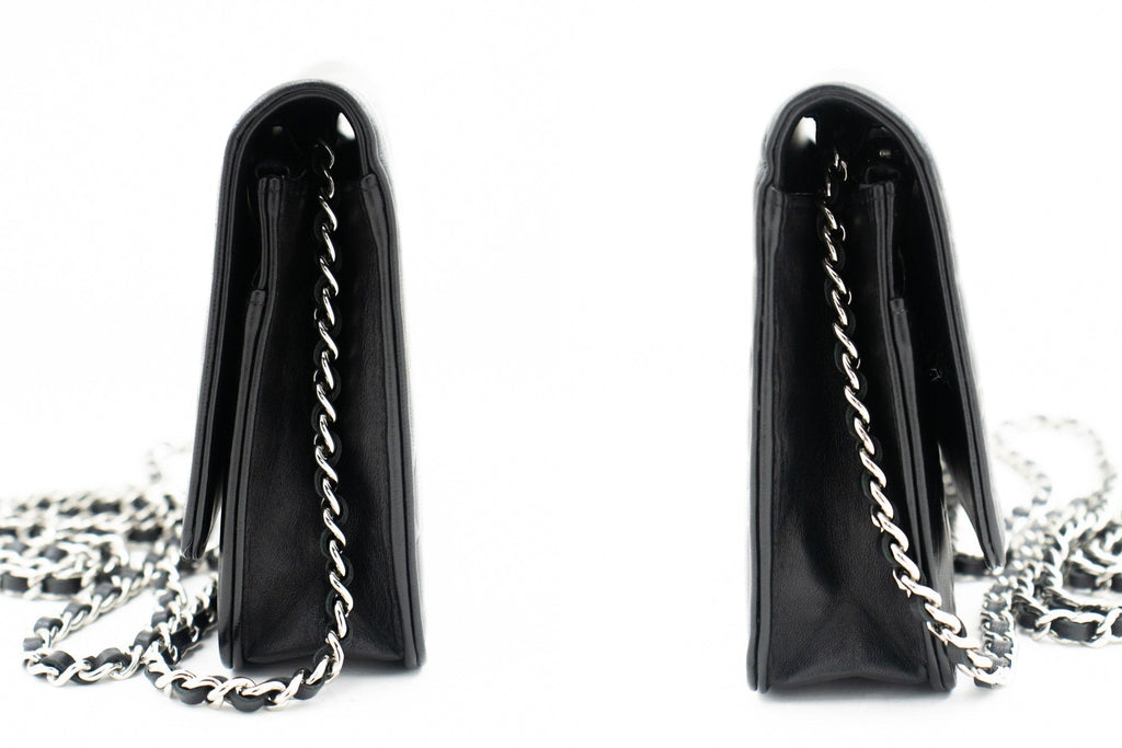 CHANEL Black Camellia Embossed Wallet On Chain WOC Shoulder Bag k68