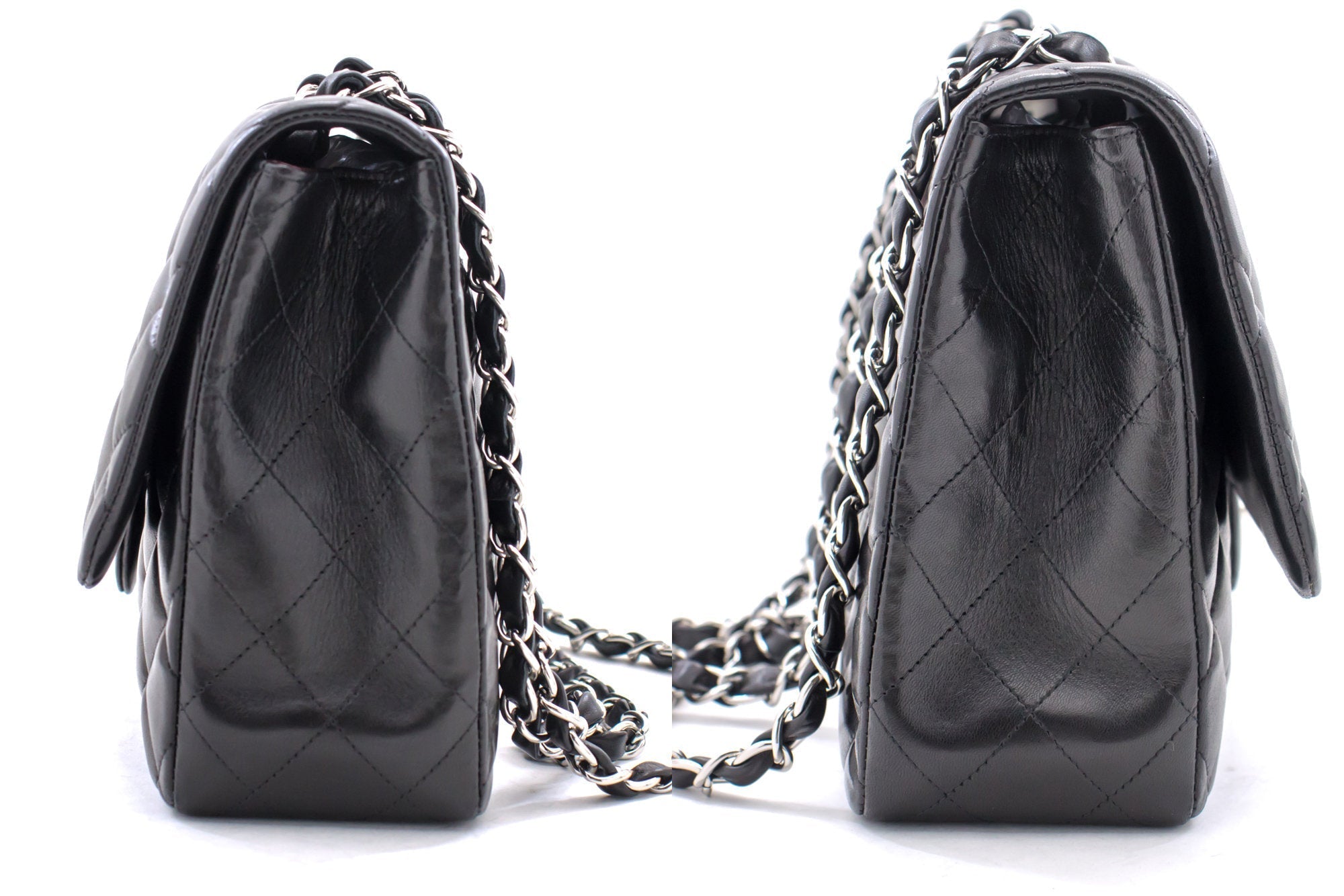 CHANEL Large Classic Handbag 11"Chain Shoulder Bag Flap Black Lamb h44