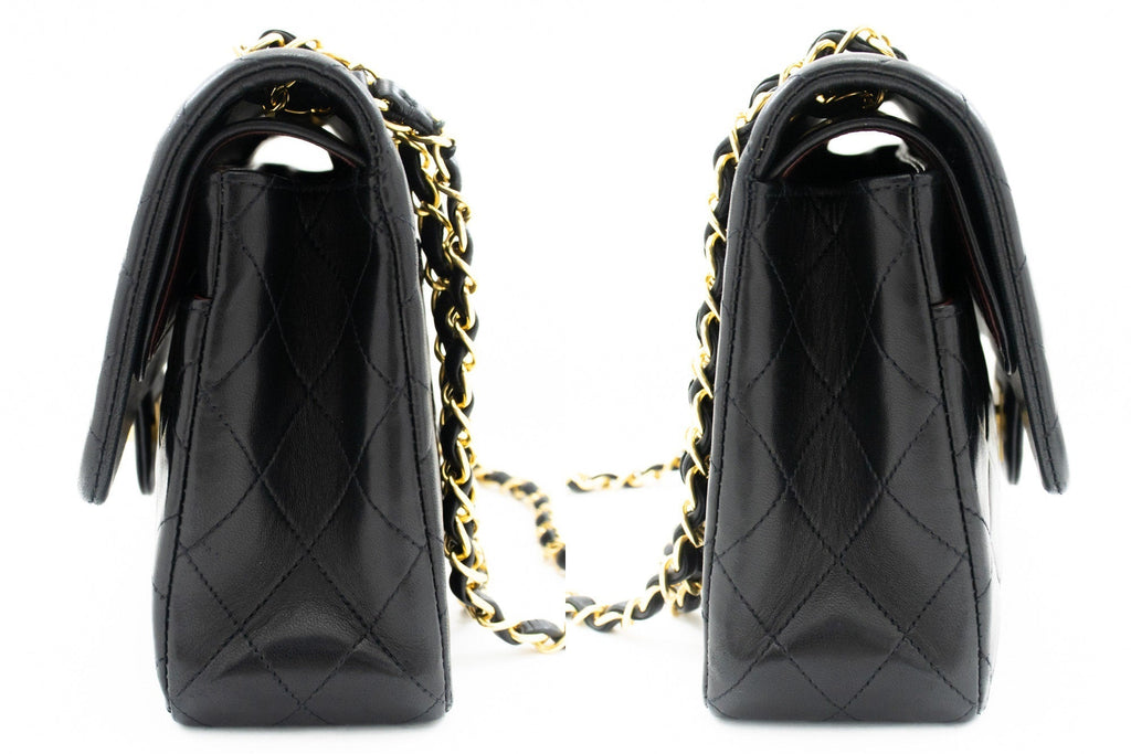 CHANEL Classic Double Flap 10" Chain Shoulder Bag Black Lambskin k76