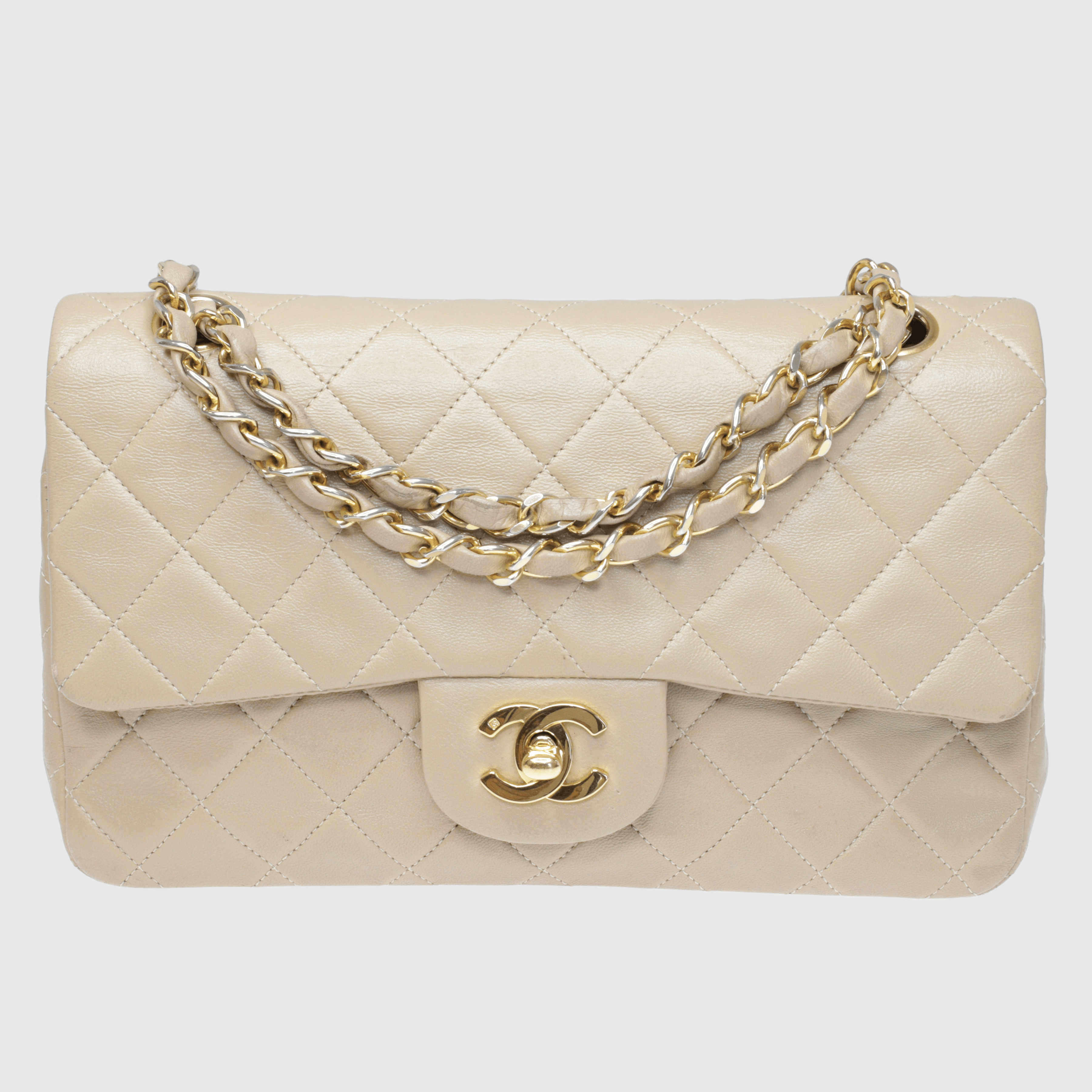 Beige Vintage Quilted Classic Small Double Flap Bag w Gold Hardware