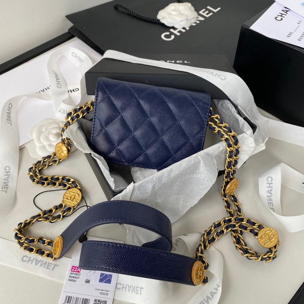 Chanel Clutch With Chain Gold Hardware Grained Shinny Navy Blue For Women Handbags, Shoulder Bags 4.7in/12cm AP2857