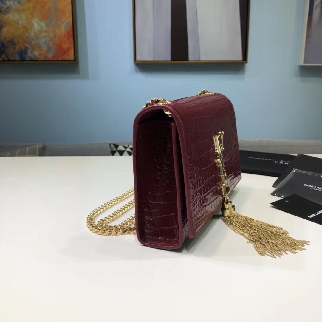 Top Quality Kate Small Chain Bag With Tassel In Embossed Burgundy For Women 7.8in/20cm YSLÂ 