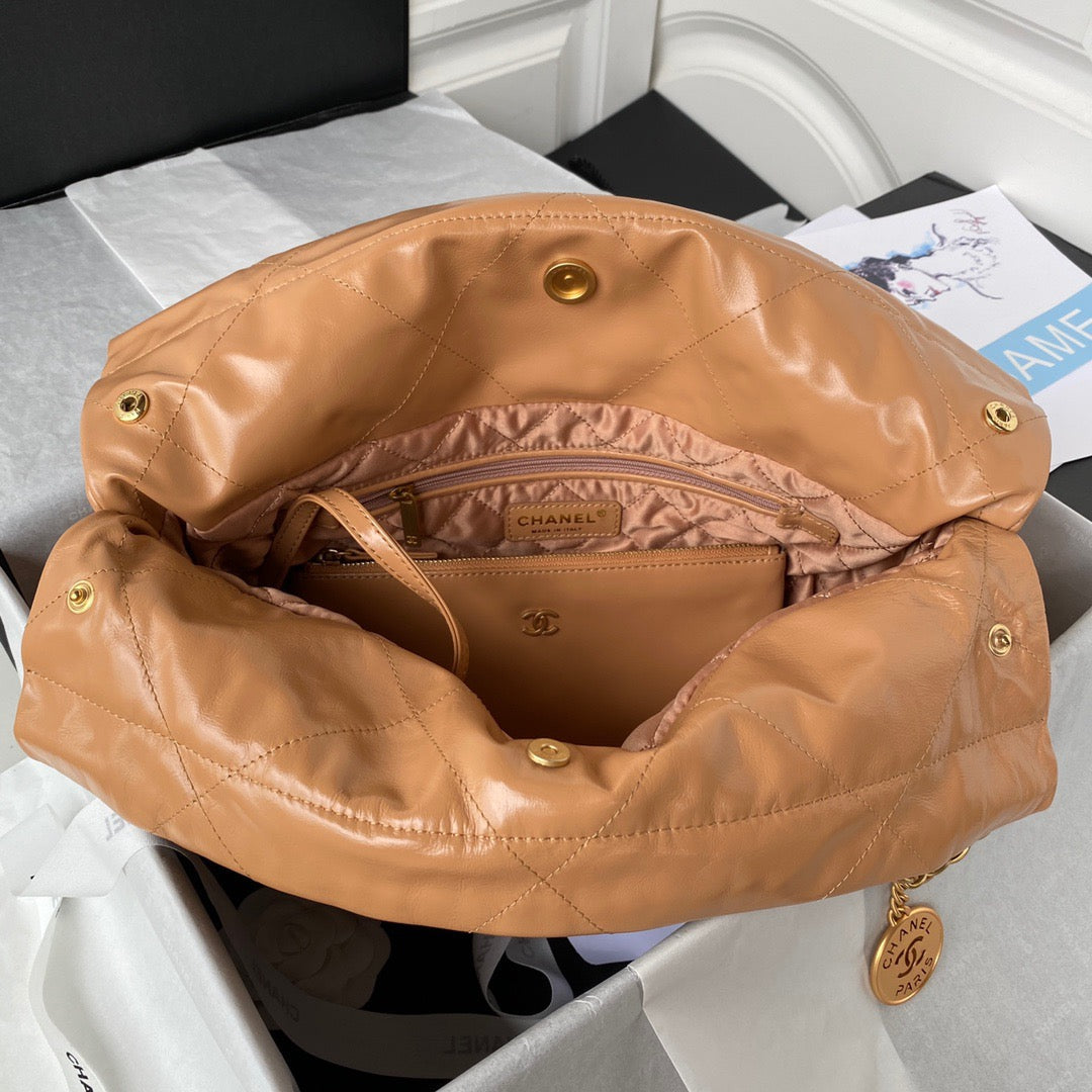 Chanel 22 Handbag Gold Hardware Shiny Camel For Women Handbags, Shoulder Bags 16.5in/38cm AS3261 B08037 NB356