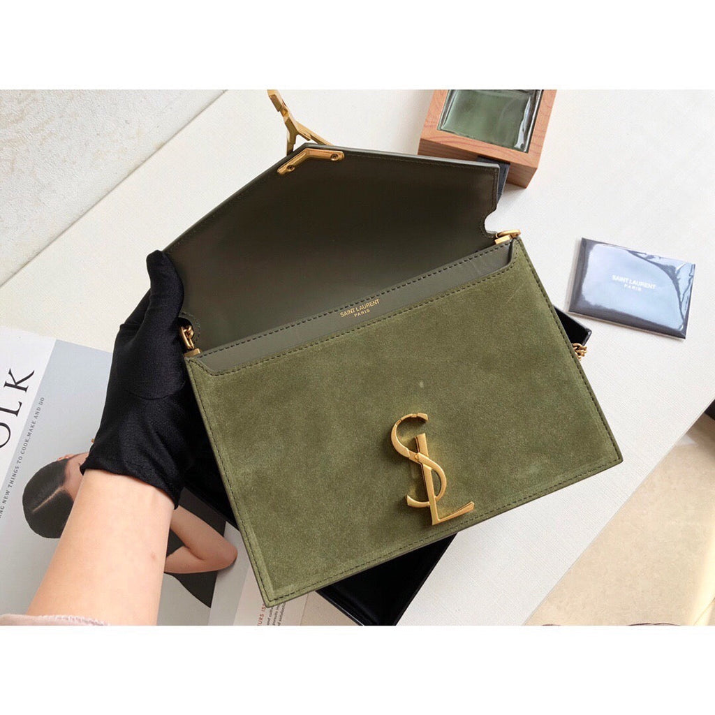 YSSL Cassandra Medium Chain Bag In Box And Velvet Green For Women 8in/22cm YSL