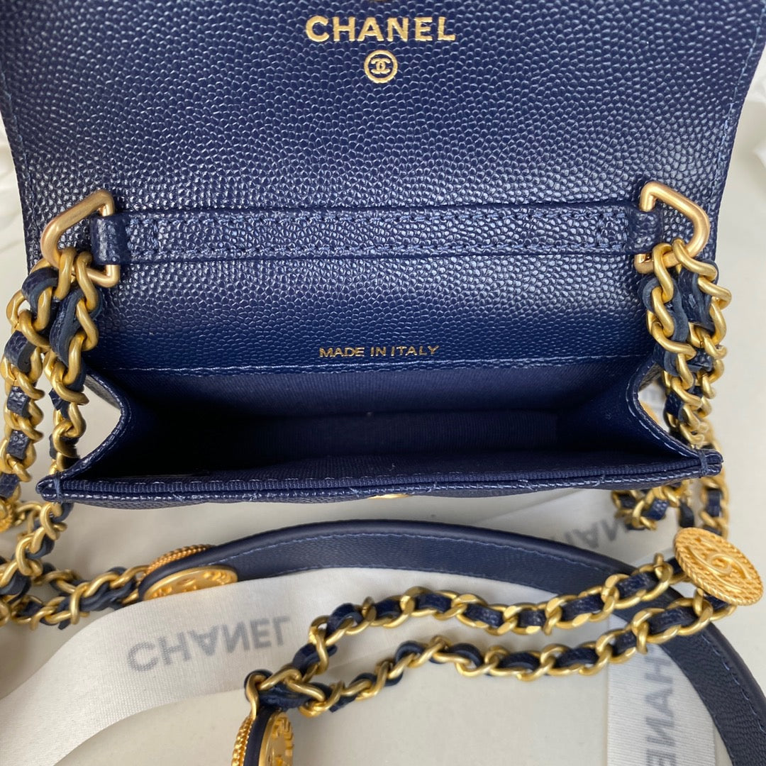 Chanel Clutch With Chain Gold Hardware Grained Shinny Navy Blue For Women Handbags, Shoulder Bags 4.7in/12cm AP2857
