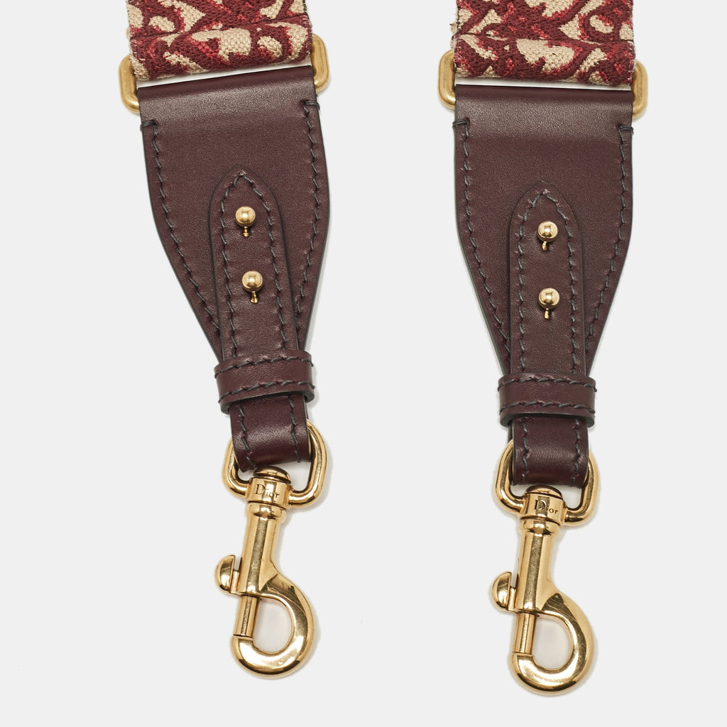 Dior Burgundy/beige Oblique Canvas And Leather Studded Shoulder Bag Strap