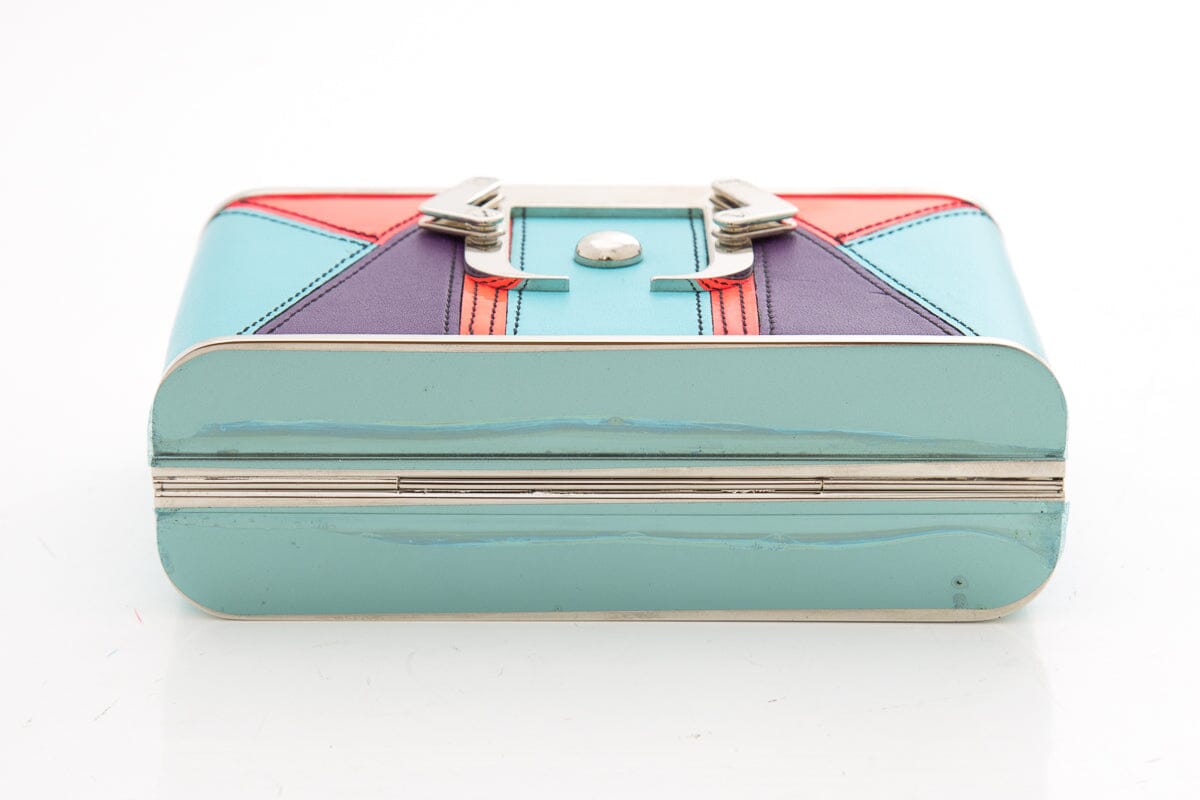 Paula Cademartori Leather Paneled Aqua & Purple Clutch NWT