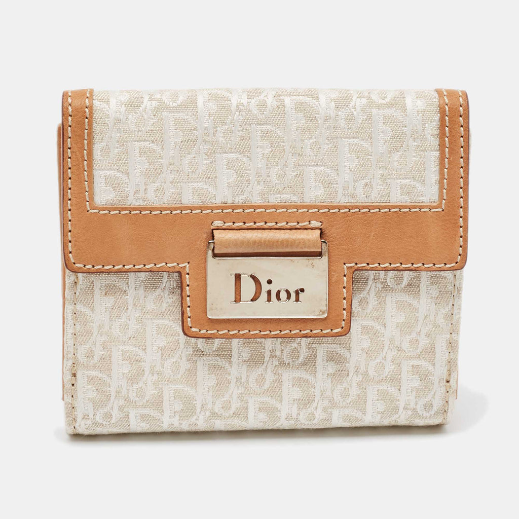 Dior White/br Oblique Canvas And Leather Street Chic Compact Wallet