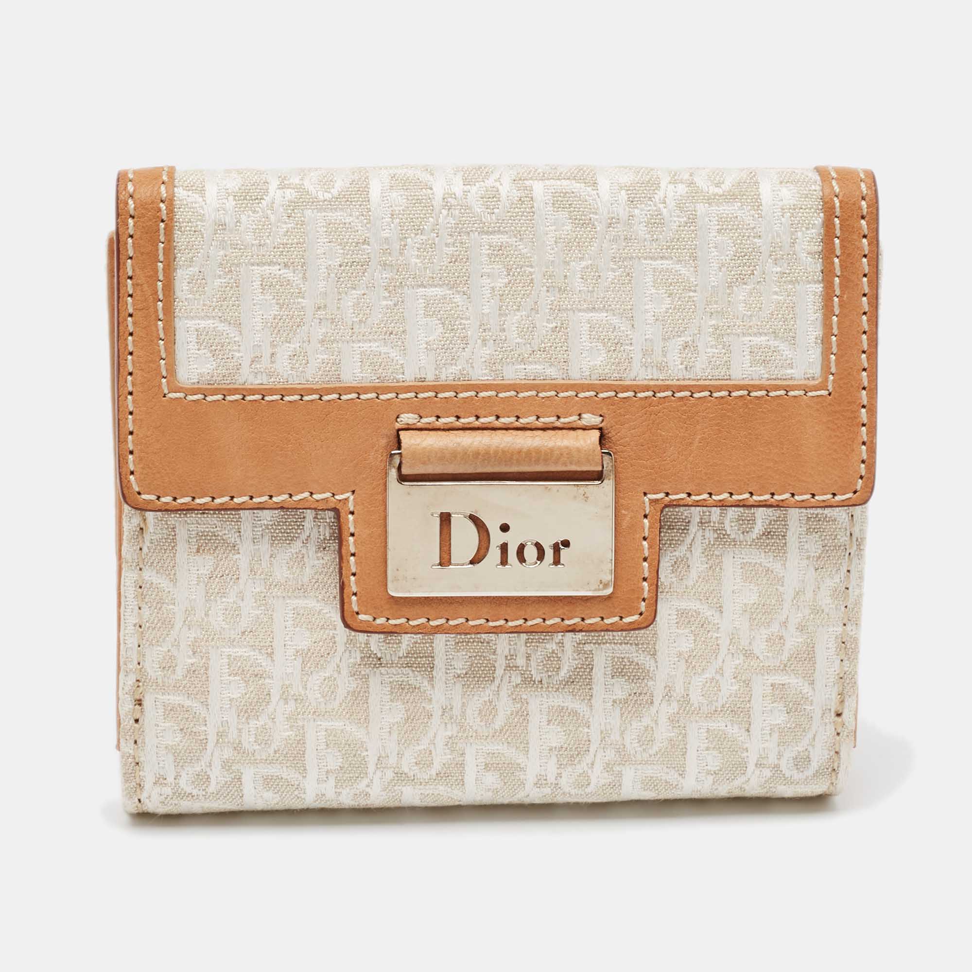Dior White/br Oblique Canvas And Leather Street Chic Compact Wallet
