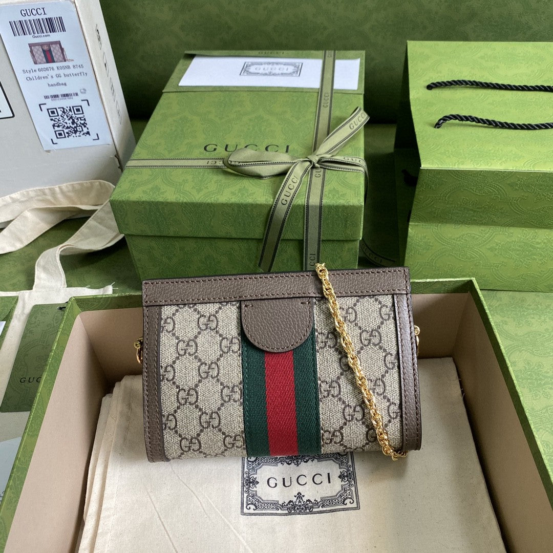 Gucci OphiDiora Mini Shoulder Bag Beige/Ebony Gucci Supreme Canvas Green And Red Web Detail Brown For Women 7.5in/19cm Gucci 602676 K05NB 8745