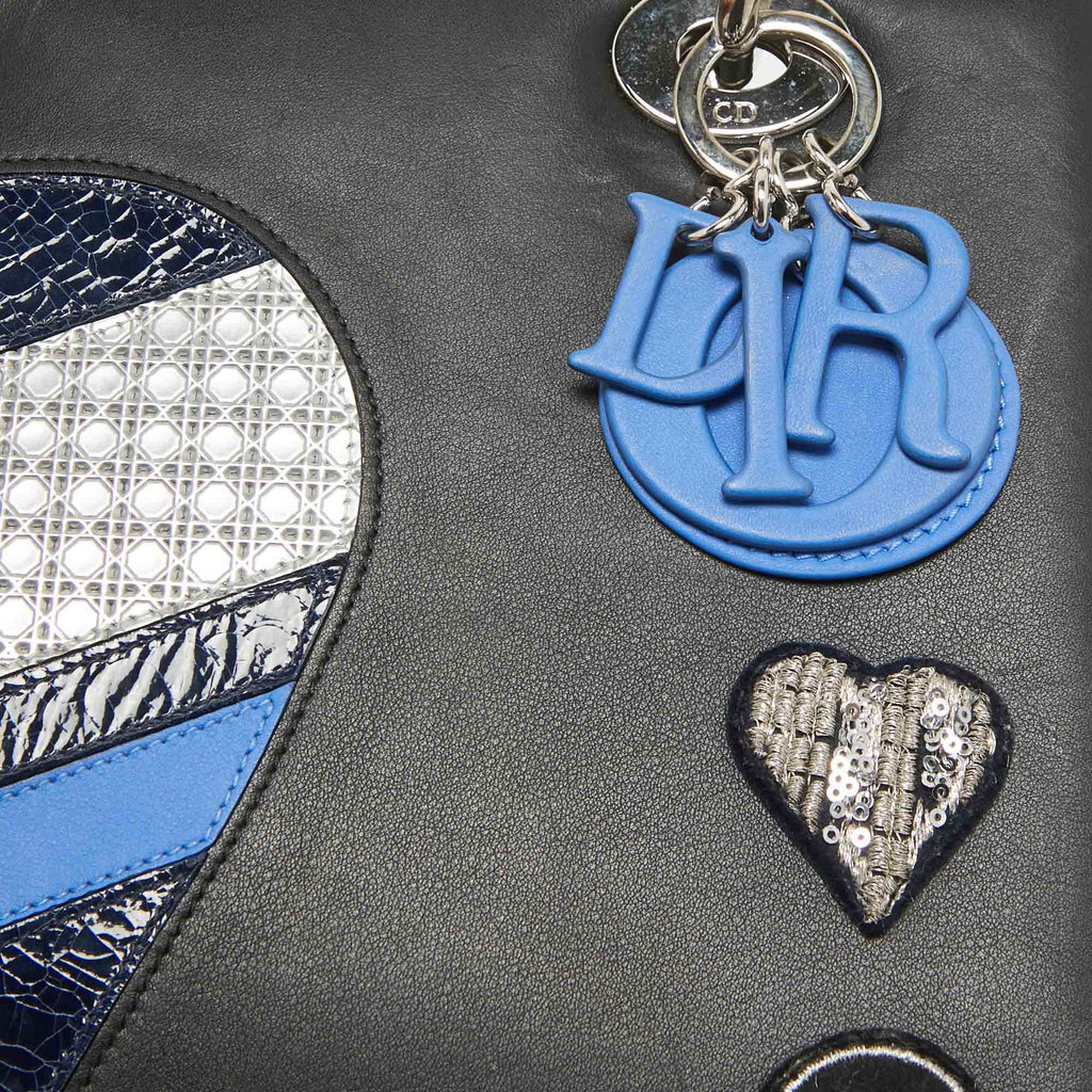 Dior Black/blue Crackled  And Leather Medium Patch Embellished  Lady Dior Tote