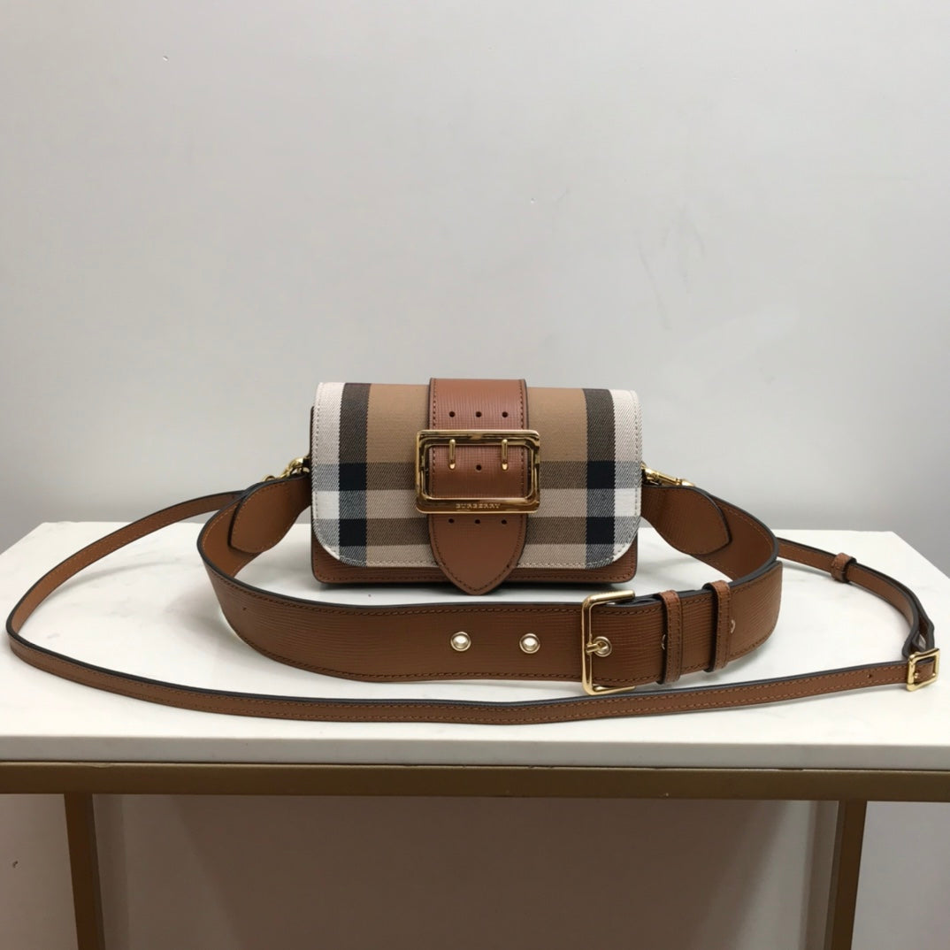 Burberry Small Bridle House Check And Buckle Crossbody Brown For Women, Bags 7.8in/20cm