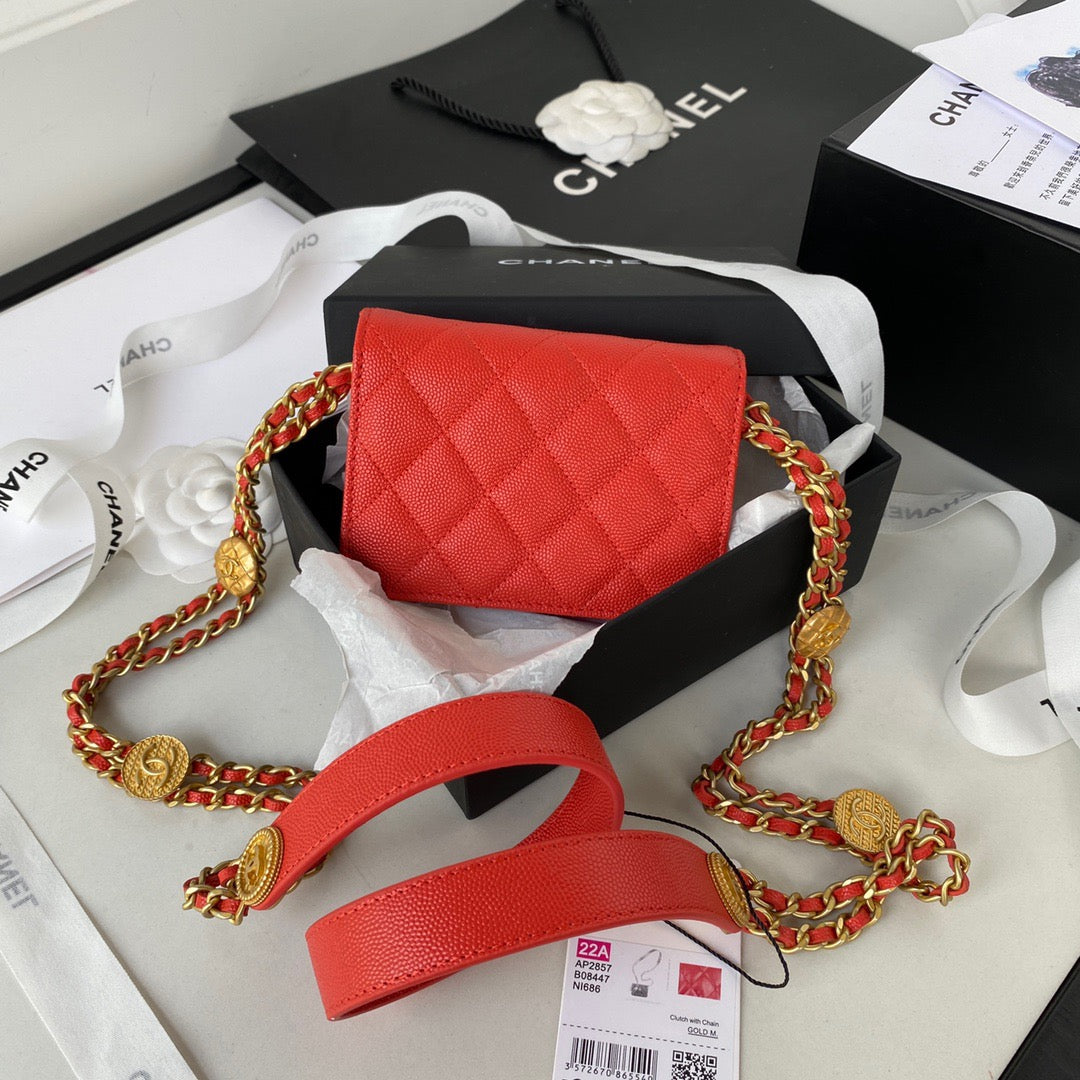 Chanel Clutch With Chain Gold Hardware Grained Shinny Red For Women Handbags, Shoulder Bags 4.7in/12cm AP2857