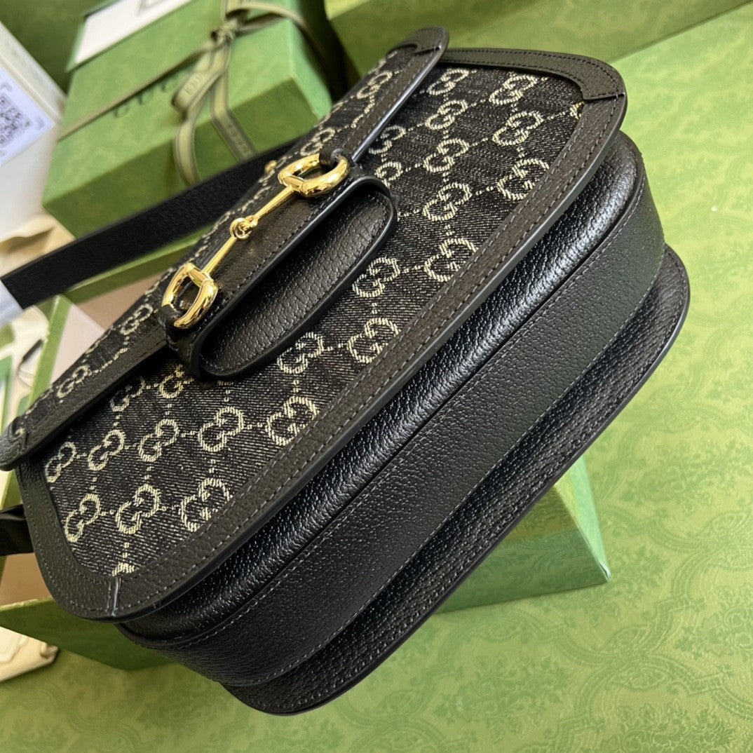 Gucci Horsebit 1955 Shoulder Bag Black And Ivory Gucci Denim Jacquard For Women 9.8in/25cm 602204 UN3BG 1274