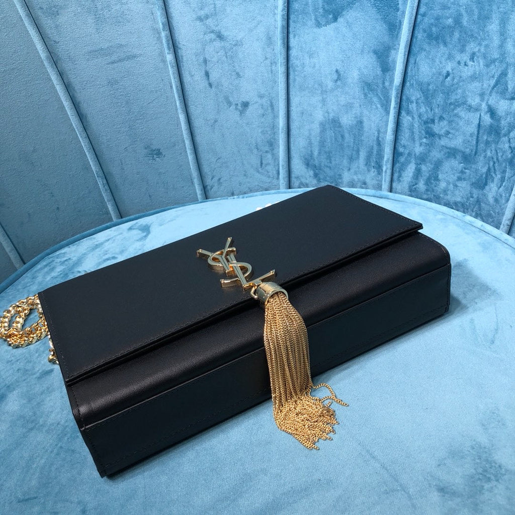 YSSL Kate Medium Chain Bag With Tassel In Grain De Poudre Black For Women 9in/24cm YSL 354119BOW0J1000