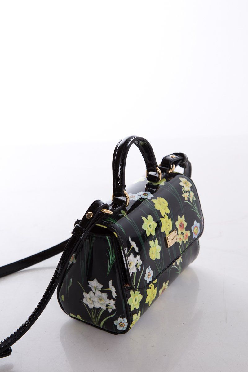 Dolce & Gabbana Black & Yellow Patent Leather Floral Motif Crossbody Bag
