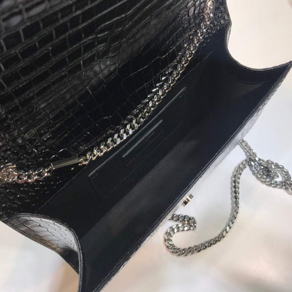 YSSL Kate Medium Chain Bag With Tassel In Embossed Crocodile Black For Women 9in/24cm YSL 354119DND0N1000