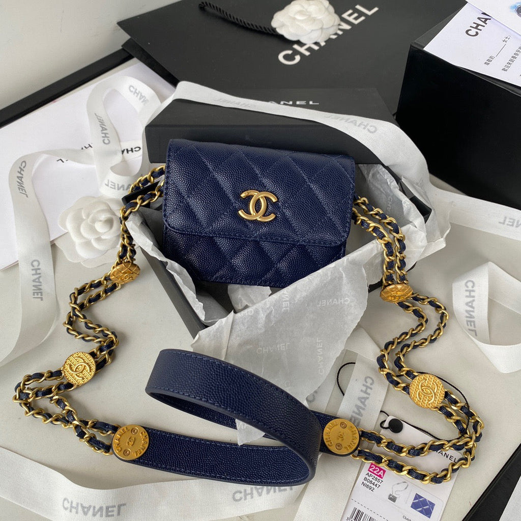 Chanel Clutch With Chain Gold Hardware Grained Shinny Navy Blue For Women Handbags, Shoulder Bags 4.7in/12cm AP2857