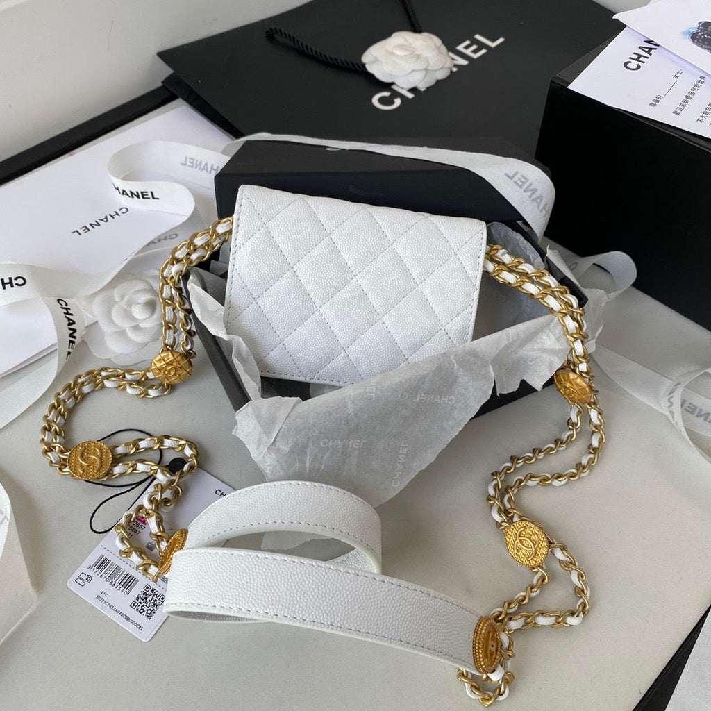 Chanel Clutch With Chain Gold Hardware Grained Shinny White For Women Handbags, Shoulder Bags 4.7in/12cm AP2857