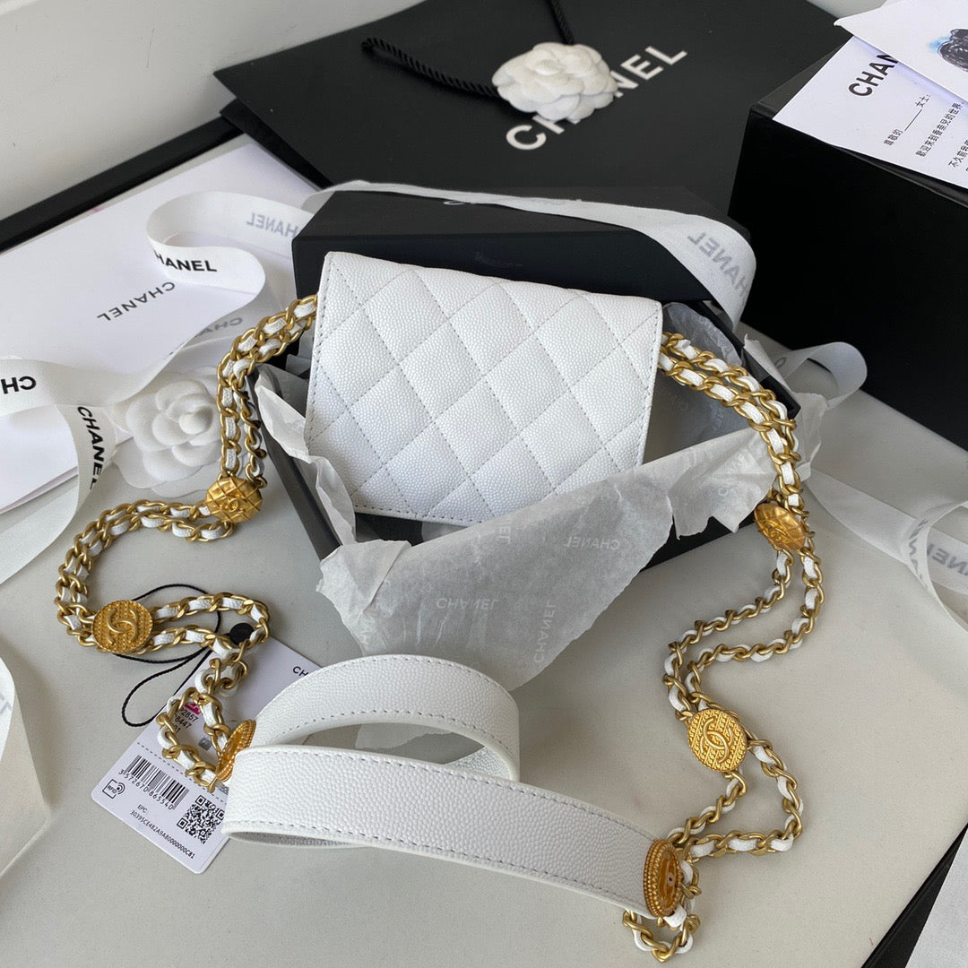 Chanel Clutch With Chain Gold Hardware Grained Shinny White For Women Handbags, Shoulder Bags 4.7in/12cm AP2857