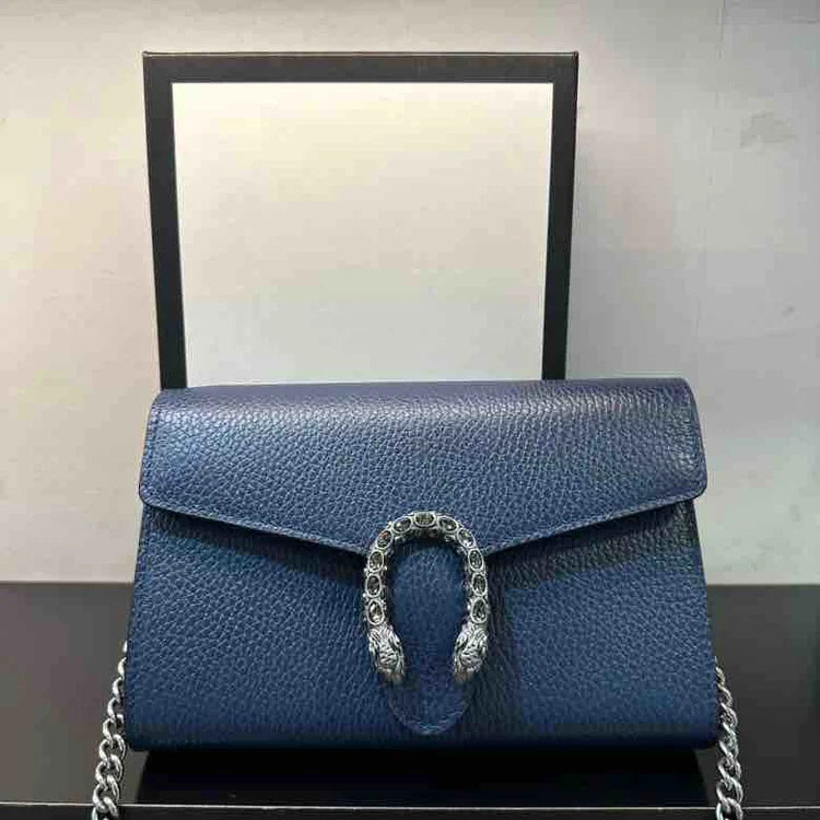 GUCCI Dioronysus Chain Crossbody, Blue, Leather