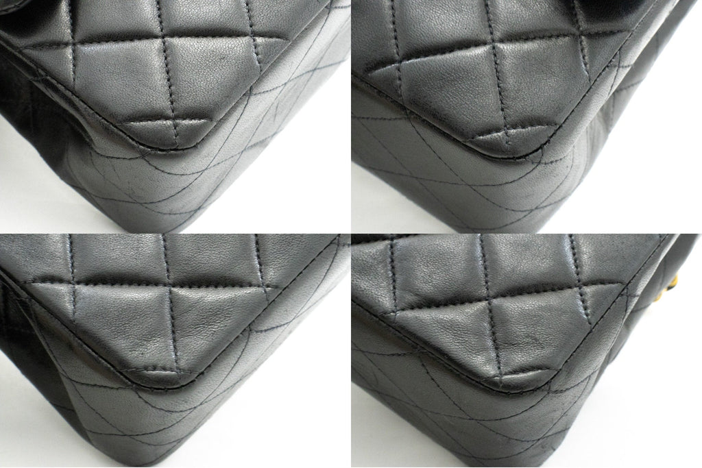 CHANEL Classic Double Flap 10" Chain Shoulder Bag Black Lambskin k49