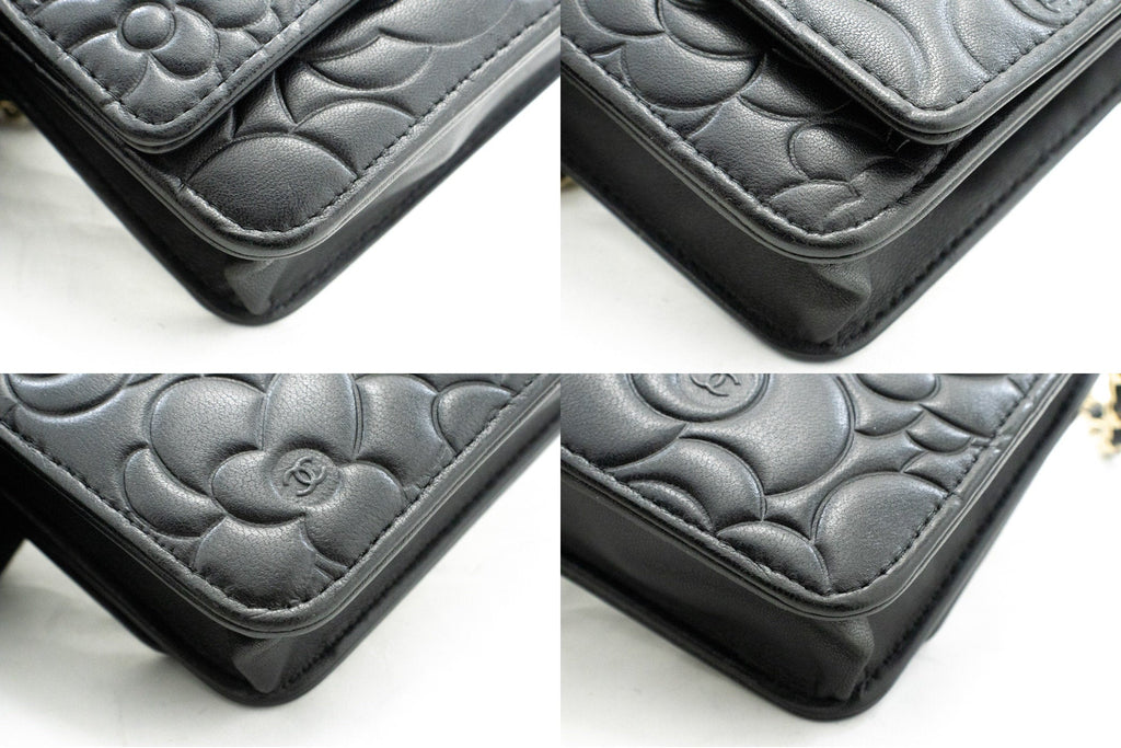 CHANEL Black Camellia Embossed Wallet On Chain WOC Shoulder Bag k53