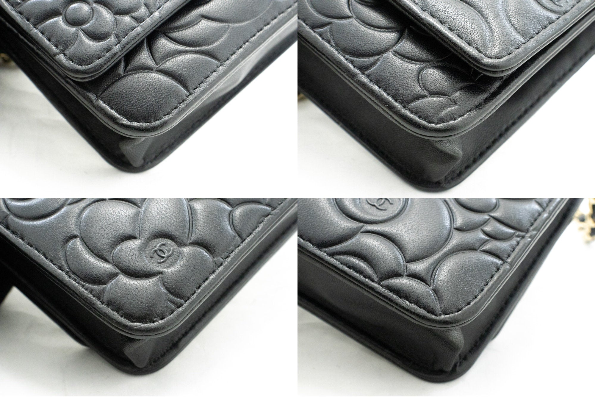 CHANEL Black Camellia Embossed Wallet On Chain WOC Shoulder Bag k53