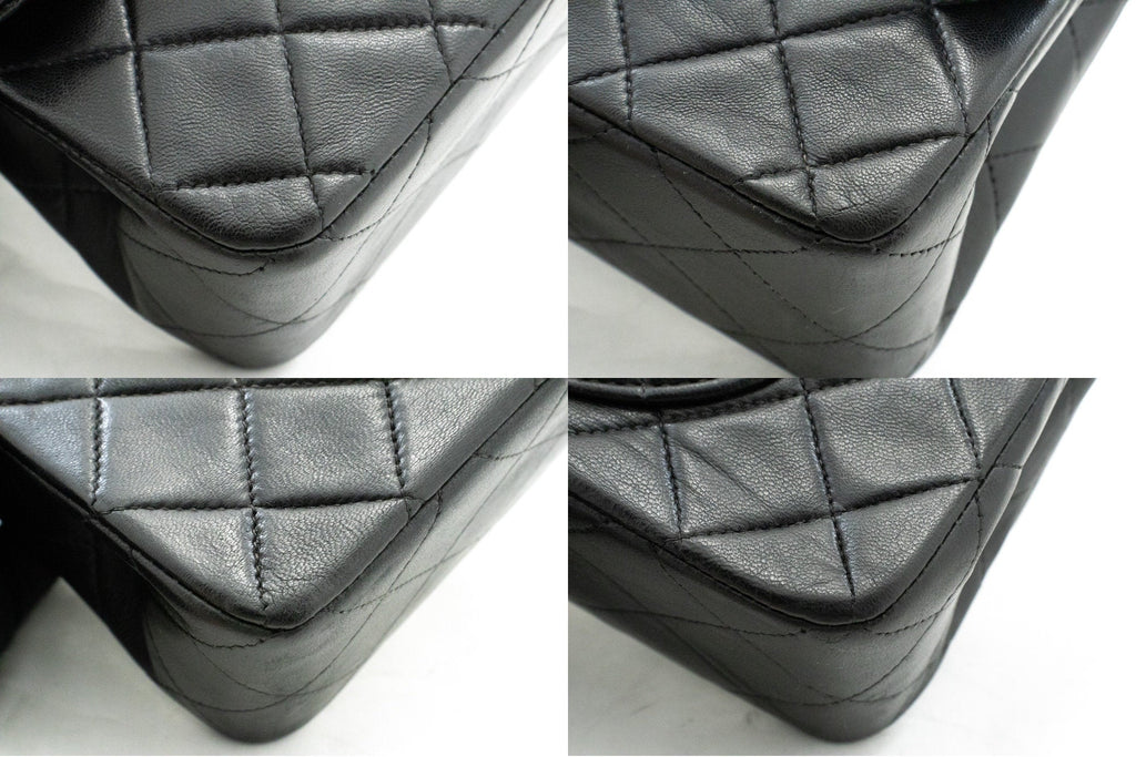 CHANEL Classic Double Flap 9" Chain Shoulder Bag Black Lambskin k51