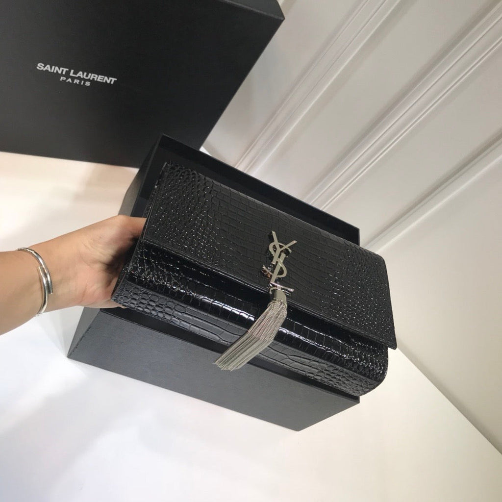 Top Quality Kate MeTop Qualityum Chain Bag With Tassel In Embossed CrocoTop Qualityle Black For Women 9.4in/24cm YSL 354119DND0N1000