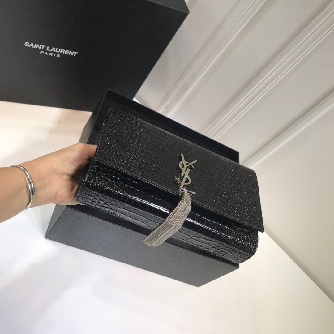 Top Quality Kate MeTop Qualityum Chain Bag With Tassel In Embossed CrocoTop Qualityle Black For Women 9.4in/24cm YSL 354119DND0N1000