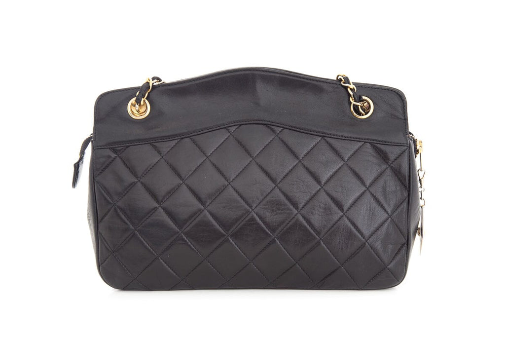 Chanel Vintage Black Quilted Medallion Zip Tote  Shoulder Bag