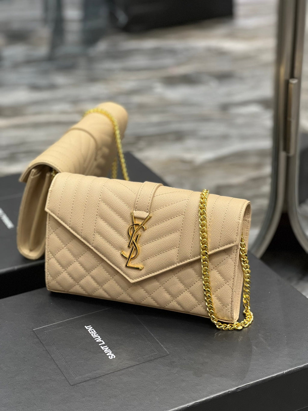 YSSL Envelope Small Chain Bag Beige For Women, Women’s Bags 8in/22cm YSL